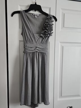 Speechless Charcoal and White Striped Ruffle Dress
